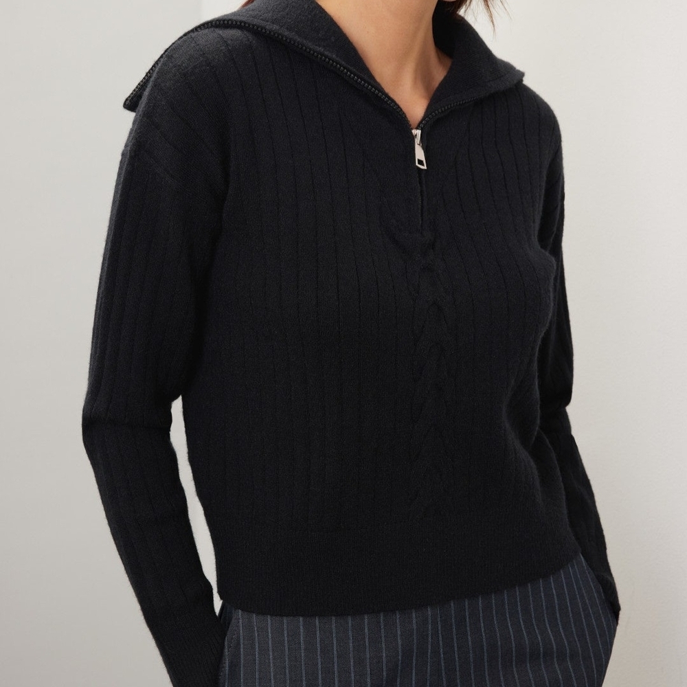 NWT Area Stars Nova Quarter 1/4 Zip Sweater Size M Black Cable Ribbed Knit 